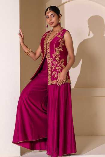 Rasasvada_Magenta Chanderi V-neck Embellished Jacket Sharara Set _at_Aza_Fashions