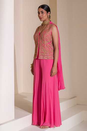 Rasasvada Pink Georgette, Dupion V-neck Embellished Jacket Sharara Set Online at Aza Fashions Rasasvada_Pink Georgette, Dupion V-neck Embellished Jacket Sharara Set _Online_at_Aza_Fashions
