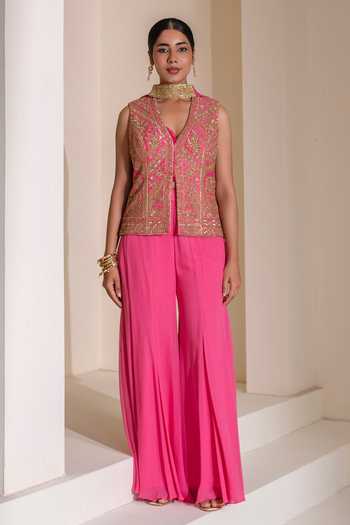 Buy Rasasvada Pink Georgette, Dupion V-neck Embellished Jacket Sharara Set Online at Aza Fashions Buy_Rasasvada_Pink Georgette, Dupion V-neck Embellished Jacket Sharara Set _Online_at_Aza_Fashions
