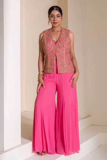 Shop Rasasvada Pink Georgette, Dupion V-neck Embellished Jacket Sharara Set Online at Aza Fashions Shop_Rasasvada_Pink Georgette, Dupion V-neck Embellished Jacket Sharara Set _Online_at_Aza_Fashions