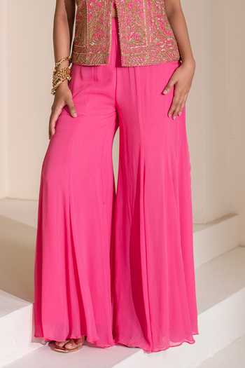 Rasasvada Pink Georgette, Dupion V-neck Embellished Jacket Sharara Set at Aza Fashions Rasasvada_Pink Georgette, Dupion V-neck Embellished Jacket Sharara Set _at_Aza_Fashions