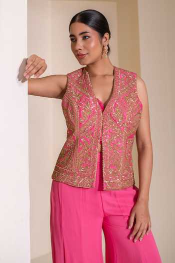 Buy Rasasvada Pink Georgette, Dupion V-neck Embellished Jacket Sharara Set Buy_Rasasvada_Pink Georgette, Dupion V-neck Embellished Jacket Sharara Set