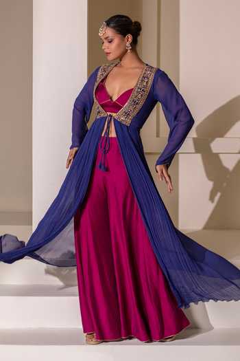 Rasasvada Blue Georgette, Chanderi V-neck Border Embroidered Cape Palazzo Set Online at Aza Fashions Rasasvada_Blue Georgette, Chanderi V-neck Border Embroidered Cape Palazzo Set _Online_at_Aza_Fashions