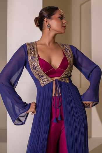 Buy Rasasvada Blue Georgette, Chanderi V-neck Border Embroidered Cape Palazzo Set Online at Aza Fashions Buy_Rasasvada_Blue Georgette, Chanderi V-neck Border Embroidered Cape Palazzo Set _Online_at_Aza_Fashions