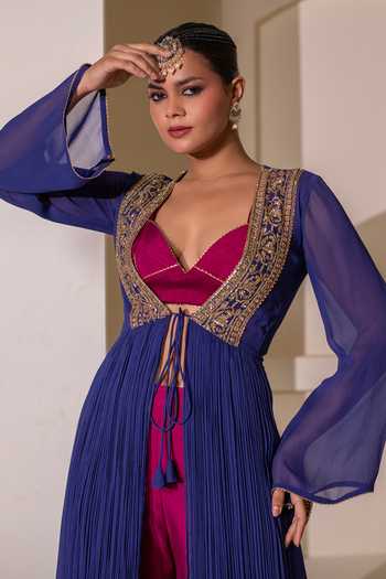 Shop Rasasvada Blue Georgette, Chanderi V-neck Border Embroidered Cape Palazzo Set Online at Aza Fashions Shop_Rasasvada_Blue Georgette, Chanderi V-neck Border Embroidered Cape Palazzo Set _Online_at_Aza_Fashions
