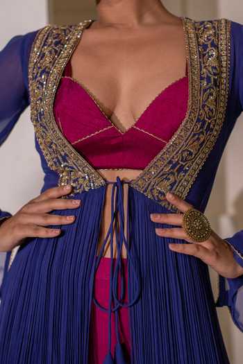 Rasasvada Blue Georgette, Chanderi V-neck Border Embroidered Cape Palazzo Set at Aza Fashions Rasasvada_Blue Georgette, Chanderi V-neck Border Embroidered Cape Palazzo Set _at_Aza_Fashions
