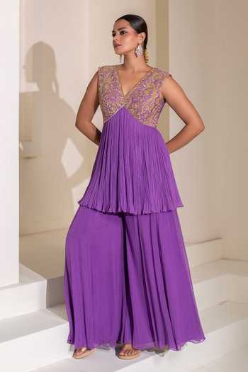 Rasasvada Purple Silk, Georgette, Dupion V-neck, Yes Embellished Kurta And Sharara Set Online at Aza Fashions Rasasvada_Purple Silk, Georgette, Dupion V-neck, Yes Embellished Kurta And Sharara Set _Online_at_Aza_Fashions
