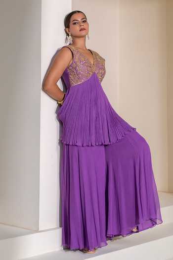 Buy Rasasvada Purple Silk, Georgette, Dupion V-neck, Yes Embellished Kurta And Sharara Set Online at Aza Fashions Buy_Rasasvada_Purple Silk, Georgette, Dupion V-neck, Yes Embellished Kurta And Sharara Set _Online_at_Aza_Fashions