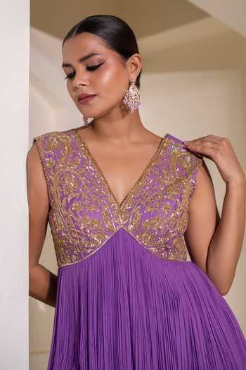 Shop Rasasvada Purple Silk, Georgette, Dupion V-neck, Yes Embellished Kurta And Sharara Set Online at Aza Fashions Shop_Rasasvada_Purple Silk, Georgette, Dupion V-neck, Yes Embellished Kurta And Sharara Set _Online_at_Aza_Fashions