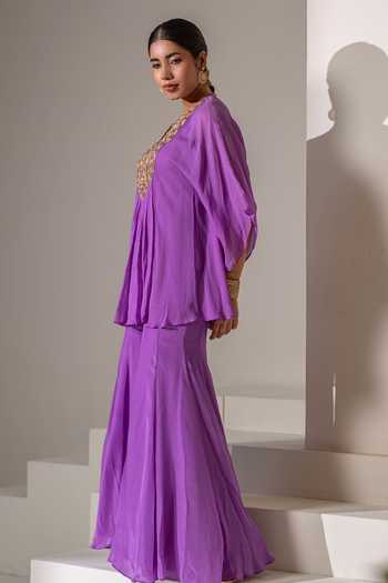 Rasasvada Purple Georgette Round Neck Yoke Embroidered Kaftan And Sharara Set Online at Aza Fashions Rasasvada_Purple Georgette Round Neck Yoke Embroidered Kaftan And Sharara Set _Online_at_Aza_Fashions