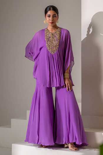 Shop Rasasvada Purple Georgette Round Neck Yoke Embroidered Kaftan And Sharara Set Online at Aza Fashions Shop_Rasasvada_Purple Georgette Round Neck Yoke Embroidered Kaftan And Sharara Set _Online_at_Aza_Fashions