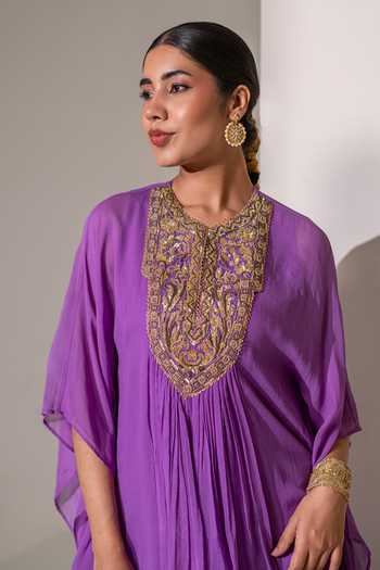Rasasvada Purple Georgette Round Neck Yoke Embroidered Kaftan And Sharara Set at Aza Fashions Rasasvada_Purple Georgette Round Neck Yoke Embroidered Kaftan And Sharara Set _at_Aza_Fashions