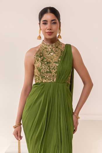 Rasasvada Olive Green Silk, Georgette, Dupion Embroidery, Zari Halter Neck Saree Gown Online at Aza Fashions Rasasvada_Olive Green Silk, Georgette, Dupion Embroidery, Zari Halter Neck Saree Gown _Online_at_Aza_Fashions