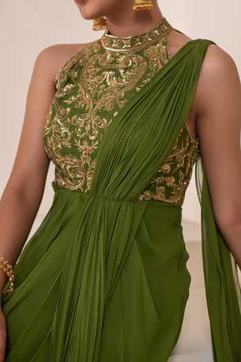Buy Rasasvada Olive Green Silk, Georgette, Dupion Embroidery, Zari Halter Neck Saree Gown Online at Aza Fashions Buy_Rasasvada_Olive Green Silk, Georgette, Dupion Embroidery, Zari Halter Neck Saree Gown _Online_at_Aza_Fashions