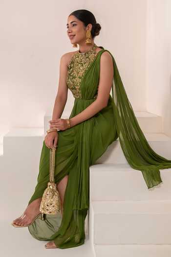 Shop Rasasvada Olive Green Silk, Georgette, Dupion Embroidery, Zari Halter Neck Saree Gown Online at Aza Fashions Shop_Rasasvada_Olive Green Silk, Georgette, Dupion Embroidery, Zari Halter Neck Saree Gown _Online_at_Aza_Fashions