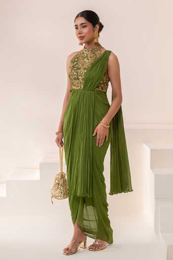 Rasasvada Olive Green Silk, Georgette, Dupion Embroidery, Zari Halter Neck Saree Gown at Aza Fashions Rasasvada_Olive Green Silk, Georgette, Dupion Embroidery, Zari Halter Neck Saree Gown _at_Aza_Fashions