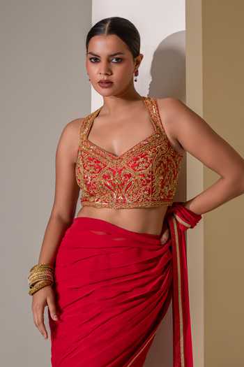 Rasasvada Red Silk, Georgette, Dupion Sweetheart Pre-draped Saree With Embroidered Blouse Online at Aza Fashions Rasasvada_Red Silk, Georgette, Dupion Sweetheart Pre-draped Saree With Embroidered Blouse _Online_at_Aza_Fashions