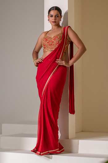 Rasasvada Pre-Draped Saree With Embroidered Blouse 