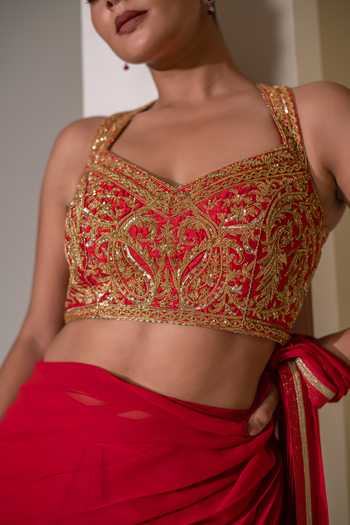 Buy Rasasvada Red Silk, Georgette, Dupion Sweetheart Pre-draped Saree With Embroidered Blouse Online at Aza Fashions Buy_Rasasvada_Red Silk, Georgette, Dupion Sweetheart Pre-draped Saree With Embroidered Blouse _Online_at_Aza_Fashions
