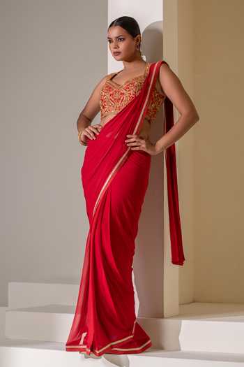 Shop Rasasvada Red Silk, Georgette, Dupion Sweetheart Pre-draped Saree With Embroidered Blouse Online at Aza Fashions Shop_Rasasvada_Red Silk, Georgette, Dupion Sweetheart Pre-draped Saree With Embroidered Blouse _Online_at_Aza_Fashions