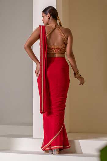 Rasasvada Pre-Draped Saree With Embroidered Blouse 