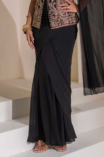 Rasasvada Black Organza, Georgette V-neck, Pre-draped Saree Set With Embroidered Jacket Online at Aza Fashions Rasasvada_Black Organza, Georgette V-neck, Pre-draped Saree Set With Embroidered Jacket _Online_at_Aza_Fashions