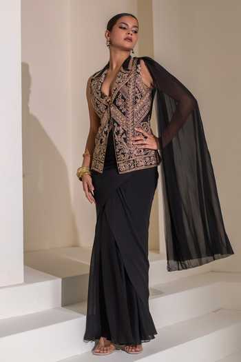Buy Rasasvada Black Organza, Georgette V-neck, Pre-draped Saree Set With Embroidered Jacket Online at Aza Fashions Buy_Rasasvada_Black Organza, Georgette V-neck, Pre-draped Saree Set With Embroidered Jacket _Online_at_Aza_Fashions