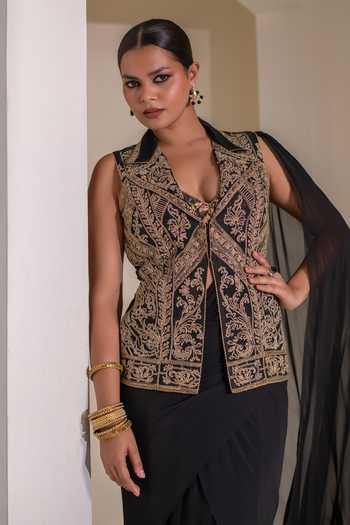 Shop Rasasvada Black Organza, Georgette V-neck, Pre-draped Saree Set With Embroidered Jacket Online at Aza Fashions Shop_Rasasvada_Black Organza, Georgette V-neck, Pre-draped Saree Set With Embroidered Jacket _Online_at_Aza_Fashions