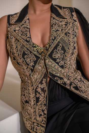 Rasasvada Black Organza, Georgette V-neck, Pre-draped Saree Set With Embroidered Jacket at Aza Fashions Rasasvada_Black Organza, Georgette V-neck, Pre-draped Saree Set With Embroidered Jacket _at_Aza_Fashions