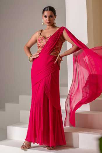 Rasasvada Fuchsia Silk, Georgette, Dupion Embroidery, Zari Sweetheart Neck Saree Gown Online at Aza Fashions Rasasvada_Fuchsia Silk, Georgette, Dupion Embroidery, Zari Sweetheart Neck Saree Gown _Online_at_Aza_Fashions