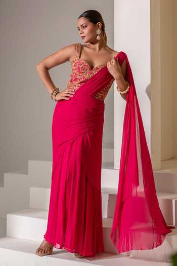 Buy Rasasvada Fuchsia Silk, Georgette, Dupion Embroidery, Zari Sweetheart Neck Saree Gown Online at Aza Fashions Buy_Rasasvada_Fuchsia Silk, Georgette, Dupion Embroidery, Zari Sweetheart Neck Saree Gown _Online_at_Aza_Fashions