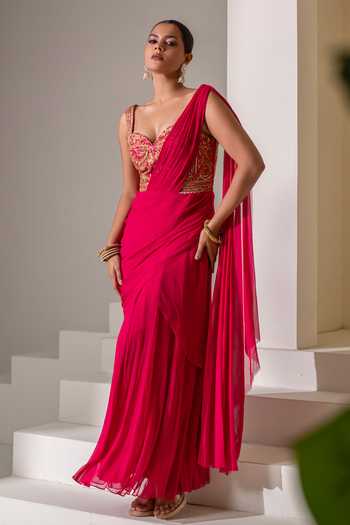 Shop Rasasvada Fuchsia Silk, Georgette, Dupion Embroidery, Zari Sweetheart Neck Saree Gown Online at Aza Fashions Shop_Rasasvada_Fuchsia Silk, Georgette, Dupion Embroidery, Zari Sweetheart Neck Saree Gown _Online_at_Aza_Fashions