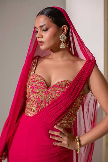 Rasasvada Fuchsia Silk, Georgette, Dupion Embroidery, Zari Sweetheart Neck Saree Gown at Aza Fashions Rasasvada_Fuchsia Silk, Georgette, Dupion Embroidery, Zari Sweetheart Neck Saree Gown _at_Aza_Fashions