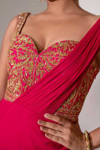 Buy Rasasvada Fuchsia Silk, Georgette, Dupion Embroidery, Zari Sweetheart Neck Saree Gown Buy_Rasasvada_Fuchsia Silk, Georgette, Dupion Embroidery, Zari Sweetheart Neck Saree Gown