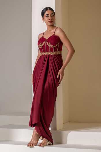 Rasasvada Maroon Crepe Embroidery, Zari Sweetheart Neck Embellished Pre-draped Saree Gown Online at Aza Fashions Rasasvada_Maroon Crepe Embroidery, Zari Sweetheart Neck Embellished Pre-draped Saree Gown _Online_at_Aza_Fashions