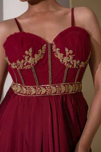 Buy Rasasvada Maroon Crepe Embroidery, Zari Sweetheart Neck Embellished Pre-draped Saree Gown Online at Aza Fashions Buy_Rasasvada_Maroon Crepe Embroidery, Zari Sweetheart Neck Embellished Pre-draped Saree Gown _Online_at_Aza_Fashions