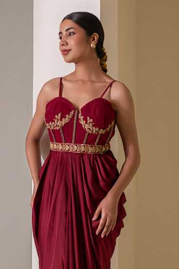 Shop Rasasvada Maroon Crepe Embroidery, Zari Sweetheart Neck Embellished Pre-draped Saree Gown Online at Aza Fashions Shop_Rasasvada_Maroon Crepe Embroidery, Zari Sweetheart Neck Embellished Pre-draped Saree Gown _Online_at_Aza_Fashions