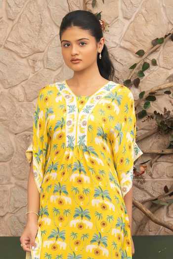 Buy Senren By Eshana Raut Yellow Crepe V-neck Bohemian Print Kaftan And Pant Set Online at Aza Fashions Buy_Senren By Eshana Raut_Yellow Crepe V-neck Bohemian Print Kaftan And Pant Set _Online_at_Aza_Fashions