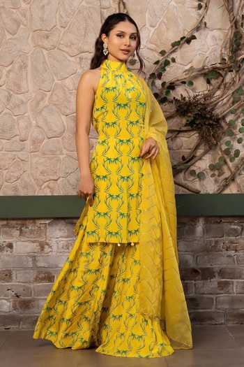 Senren By Eshana Raut Yellow Crepe, Net Halter Neck, Yes Tropical Print Kurta Sharara Set at Aza Fashions Senren By Eshana Raut_Yellow Crepe, Net Halter Neck, Yes Tropical Print Kurta Sharara Set _at_Aza_Fashions