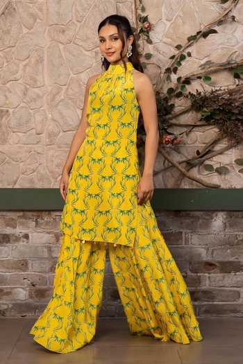 Buy Senren By Eshana Raut Yellow Crepe, Net Halter Neck, Yes Tropical Print Kurta Sharara Set Buy_Senren By Eshana Raut_Yellow Crepe, Net Halter Neck, Yes Tropical Print Kurta Sharara Set