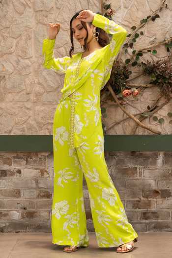 Shop Senren By Eshana Raut Green Crepe Cowl Neck Floral Print Draped Top And Pant Set Online at Aza Fashions Shop_Senren By Eshana Raut_Green Crepe Cowl Neck Floral Print Draped Top And Pant Set _Online_at_Aza_Fashions