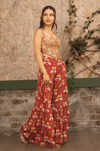 Shop Senren By Eshana Raut Maroon Crepe Embroidery, Sequins, Zari Square Neck Hand Corset And Sharara Set Online at Aza Fashions Shop_Senren By Eshana Raut_Maroon Crepe Embroidery, Sequins, Zari Square Neck Hand Corset And Sharara Set _Online_at_Aza_Fashions