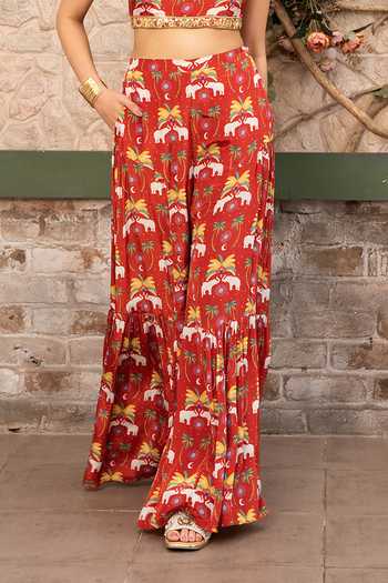 Buy Senren By Eshana Raut Maroon Crepe Halter Neck Printed Crop Top And Sharara Set Online at Aza Fashions Buy_Senren By Eshana Raut_Maroon Crepe Halter Neck Printed Crop Top And Sharara Set _Online_at_Aza_Fashions
