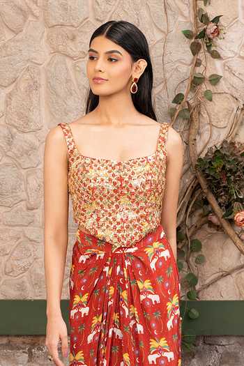 Senren By Eshana Raut Maroon Crepe Embroidery Square Neck Hand Corset And Draped Skirt Set Online at Aza Fashions Senren By Eshana Raut_Maroon Crepe Embroidery Square Neck Hand Corset And Draped Skirt Set _Online_at_Aza_Fashions
