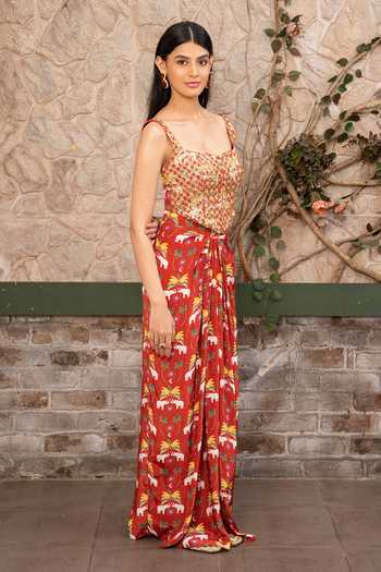 Shop Senren By Eshana Raut Maroon Crepe Embroidery Square Neck Hand Corset And Draped Skirt Set Online at Aza Fashions Shop_Senren By Eshana Raut_Maroon Crepe Embroidery Square Neck Hand Corset And Draped Skirt Set _Online_at_Aza_Fashions