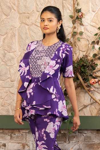Senren By Eshana Raut Purple Crepe Round Neck Floral Print Top And Pant Set Online at Aza Fashions Senren By Eshana Raut_Purple Crepe Round Neck Floral Print Top And Pant Set _Online_at_Aza_Fashions