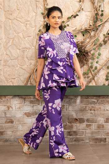 Buy Senren By Eshana Raut Purple Crepe Round Neck Floral Print Top And Pant Set Online at Aza Fashions Buy_Senren By Eshana Raut_Purple Crepe Round Neck Floral Print Top And Pant Set _Online_at_Aza_Fashions