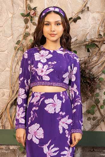 Buy Senren By Eshana Raut Purple Crepe Round Neck Floral Print Top With Skirt Online at Aza Fashions Buy_Senren By Eshana Raut_Purple Crepe Round Neck Floral Print Top With Skirt _Online_at_Aza_Fashions