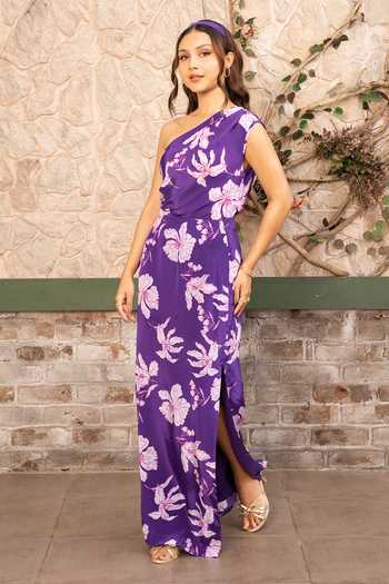 Shop_Senren By Eshana Raut_Purple Crepe One Shoulder Floral Print Top And Skirt Set _Online_at_Aza_Fashions
