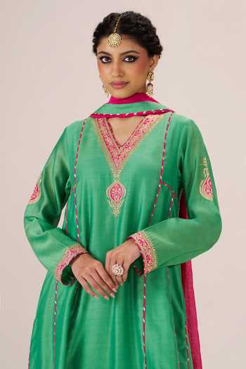 Shop Almaari By Pooja Patel Green Chanderi , V-neck, Yes Naaz Panelled Kurta Palazzo Set Online at Aza Fashions Shop_Almaari By Pooja Patel_Green Chanderi , V-neck, Yes Naaz Panelled Kurta Palazzo Set _Online_at_Aza_Fashions